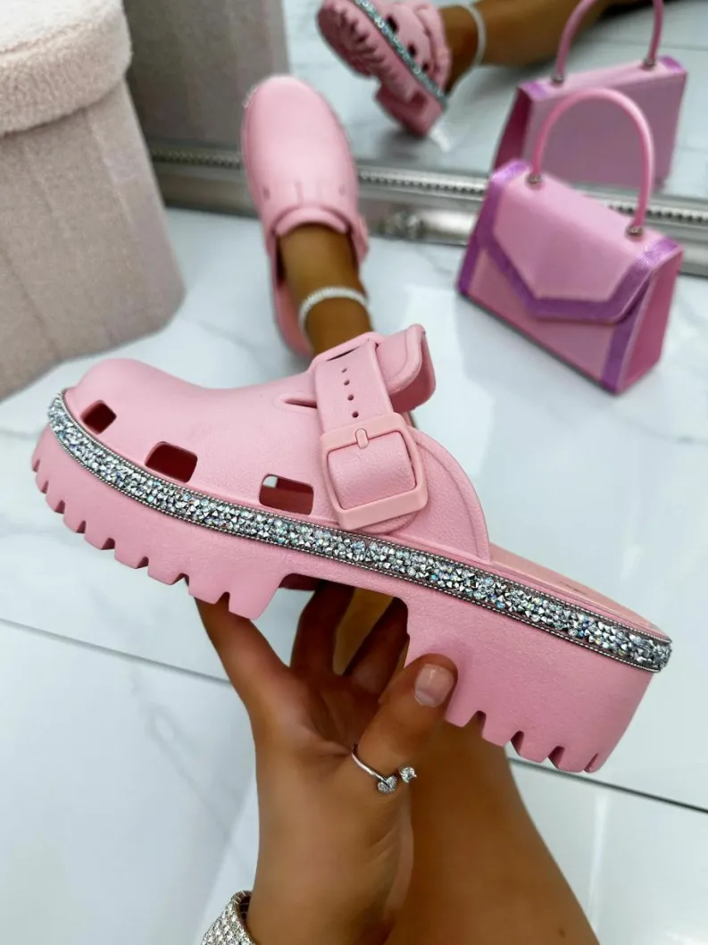 Sandals*Love Lemonade Crystal Tread Platform Clog Sliders Pink