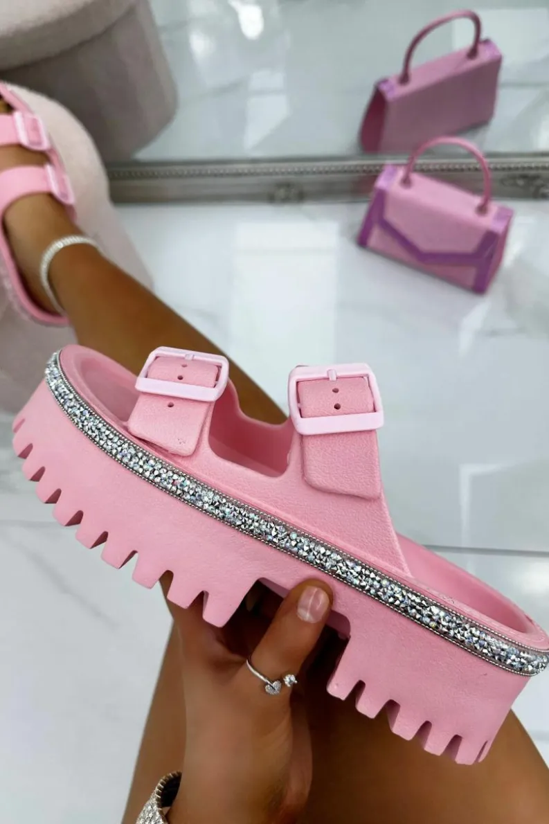 Sandals*Love Lemonade Crystal Tread Platform Sliders Pink