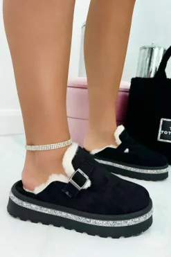 Flats*Love Lemonade Crystal Trim Buckle Slip On Clogs Black