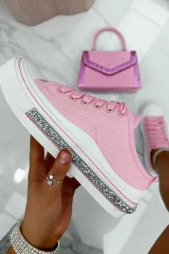 Trainers*Love Lemonade Crystal Trim Canvas Slip On Trainer Pink