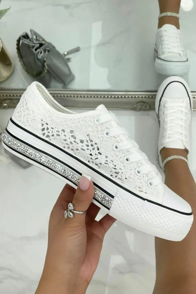 Trainers*Love Lemonade Crystal Trim Crochet Trainers White
