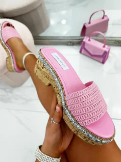 Sandals*Love Lemonade Crystal Trim Flatform Cork Sliders Pink