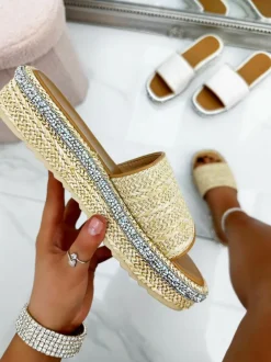 Sandals*Love Lemonade Crystal Trim Raffia Sliders Beige