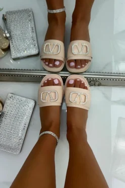 Sandals*Love Lemonade Crystal Venus Sliders Nude