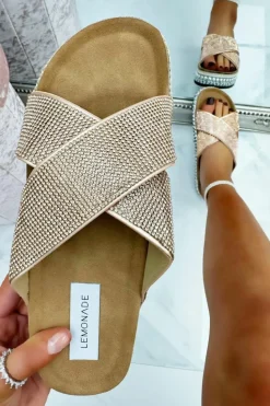 Sandals*Love Lemonade Crystal Weave Wedge Sliders Rose Gold