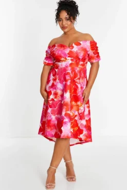 Midi Dresses*Quiz Curve Floral Bardot Dip Hem Midi Dress Pink