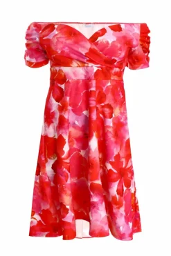 Midi Dresses*Quiz Curve Floral Bardot Dip Hem Midi Dress Pink