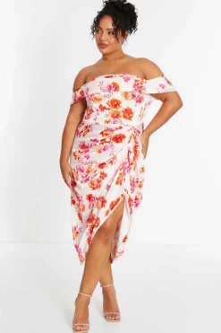 Midi Dresses*Quiz Curve Floral Bardot Ruched Midi Dress Ivory