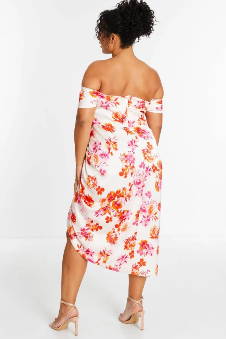 Midi Dresses*Quiz Curve Floral Bardot Ruched Midi Dress Ivory