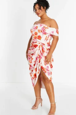 Midi Dresses*Quiz Curve Floral Bardot Ruched Midi Dress Ivory