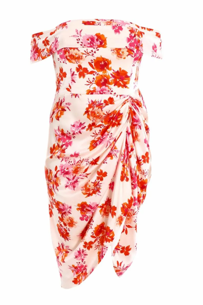 Midi Dresses*Quiz Curve Floral Bardot Ruched Midi Dress Ivory