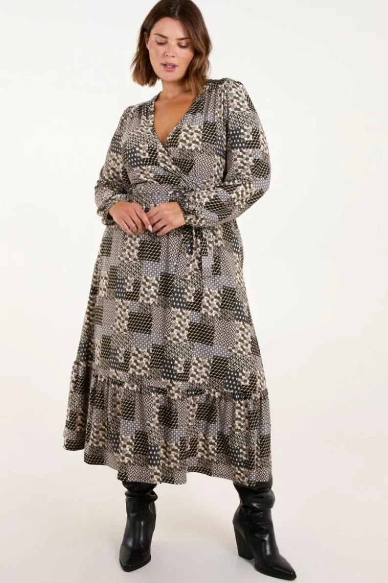 Wrap Dresses*Blue Vanilla Curve Geometric Wrap Front Belted Midi Dress Khaki