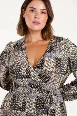 Wrap Dresses*Blue Vanilla Curve Geometric Wrap Front Belted Midi Dress Khaki