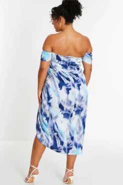 Midi Dresses*Quiz Curve Marble Print Bardot Midi Dress Light Blue