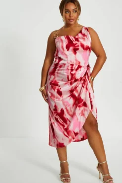 Midi Dresses*Quiz Curve Satin Marble Print Midi Dress Pink