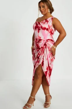 Midi Dresses*Quiz Curve Satin Marble Print Midi Dress Pink