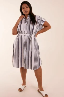 Shirt Dresses*Blue Vanilla Curve Stripe Button Front Shirt Dress White