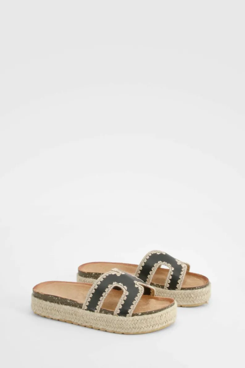 Sandals*boohoo Cut Out Detail Contrast Stitch Espadrille Sliders black