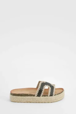 Sandals*boohoo Cut Out Detail Contrast Stitch Espadrille Sliders black