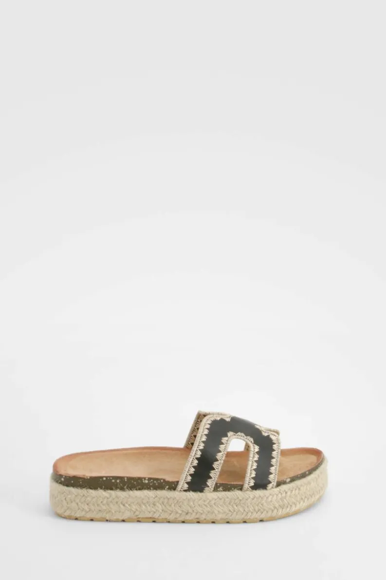 Sandals*boohoo Cut Out Detail Contrast Stitch Espadrille Sliders black