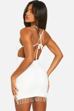 Cami Dresses*boohoo Cut Out Strappy Diamante Hem Mini Dress white
