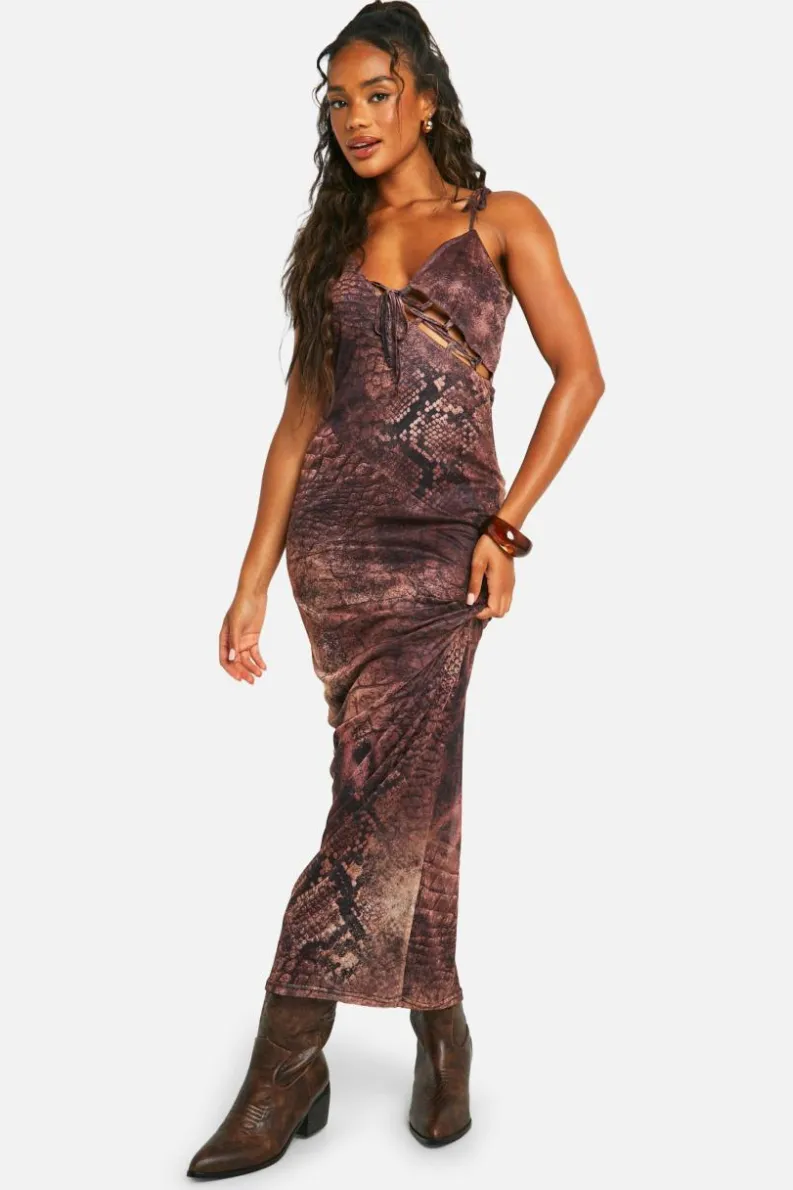 Bodycon Dresses*boohoo Cut Out Strappy Ruffle Snake Printed Mesh Maxi Dress brown