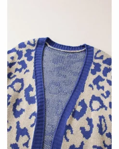 Cardigans*Azura Exchange Dark Stripe Sleeve Leopard Print Open Front Cardigan With Pockets Blue