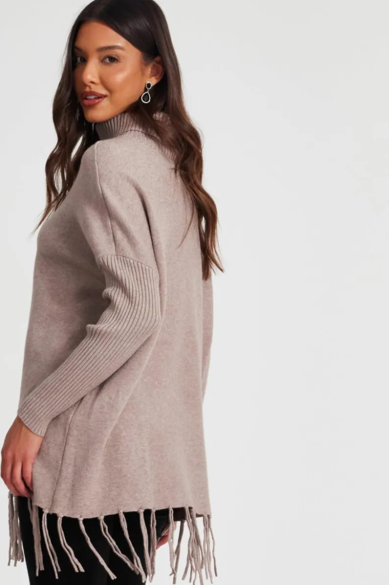 Jumpers*Quiz Knit Tassel Hem Jumper Dark Brown