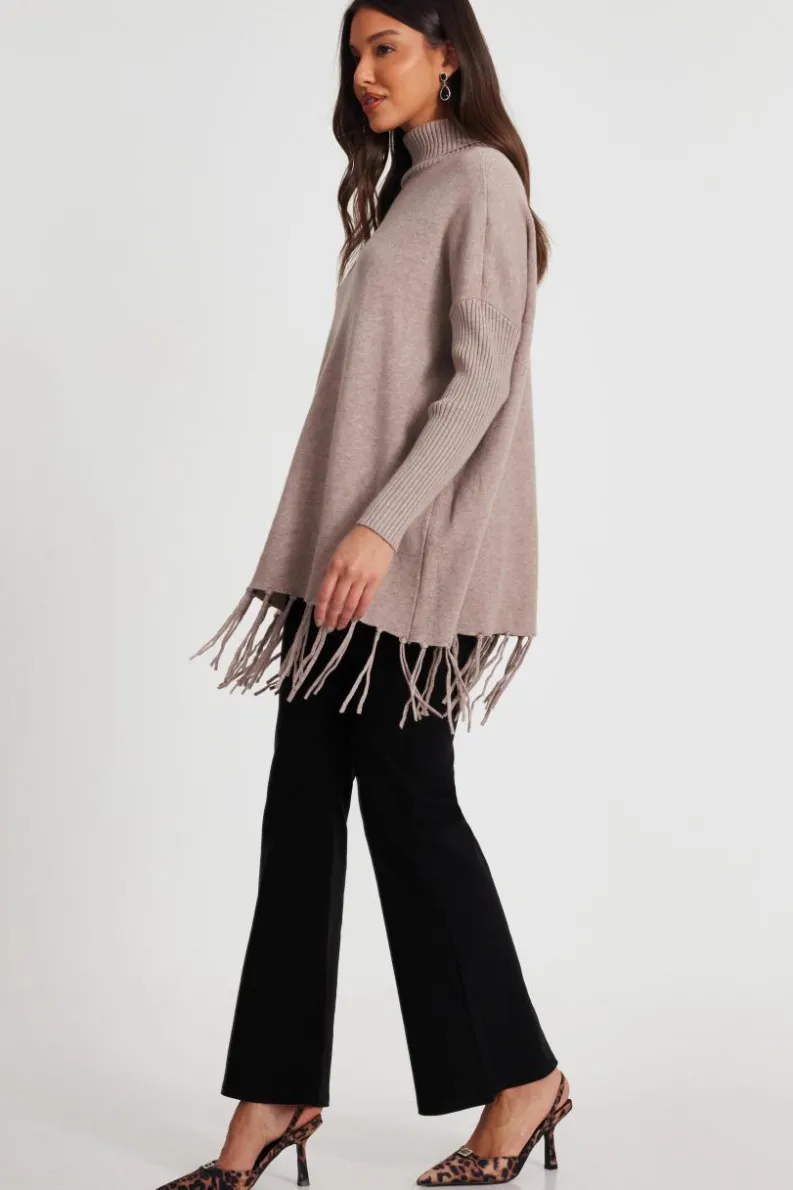 Jumpers*Quiz Knit Tassel Hem Jumper Dark Brown