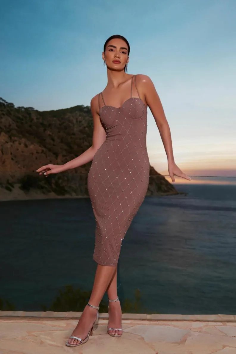 Midi Dresses*Quiz Rhinestone Bodycon Midi Dress Dark Brown