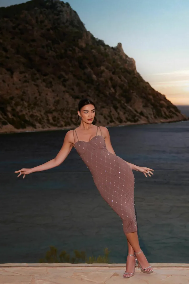 Midi Dresses*Quiz Rhinestone Bodycon Midi Dress Dark Brown