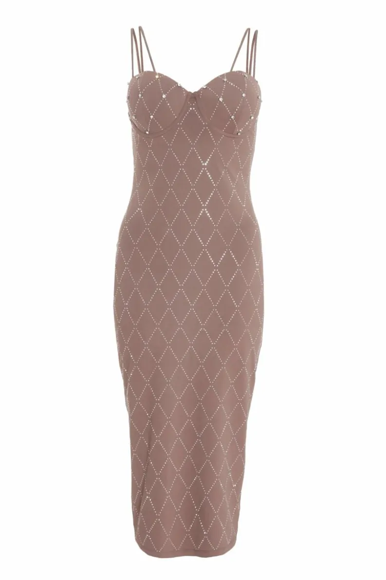 Midi Dresses*Quiz Rhinestone Bodycon Midi Dress Dark Brown