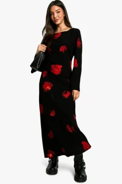 Maxi Dresses|Long Sleeve Dresses*boohoo Dark Floral Flare Sleeve Maxi Dress black