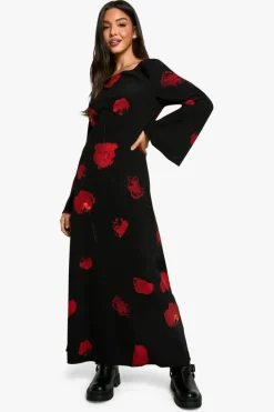 Maxi Dresses|Long Sleeve Dresses*boohoo Dark Floral Flare Sleeve Maxi Dress black