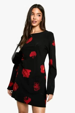 Mini Dresses|Long Sleeve Dresses*boohoo Dark Floral Low Back Flare Sleeve Dress black