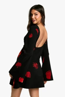 Mini Dresses|Long Sleeve Dresses*boohoo Dark Floral Low Back Flare Sleeve Dress black