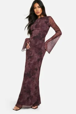 Maxi Dresses|Long Sleeve Dresses*boohoo Dark Floral Print Mesh Scoop Back Maxi Dress multi
