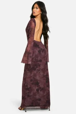 Maxi Dresses|Long Sleeve Dresses*boohoo Dark Floral Print Mesh Scoop Back Maxi Dress multi