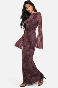 Maxi Dresses|Long Sleeve Dresses*boohoo Dark Floral Print Mesh Scoop Back Maxi Dress multi