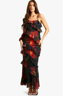 Maxi Dresses|Long Sleeve Dresses*boohoo Dark Floral Ruffle Maxi Dress black