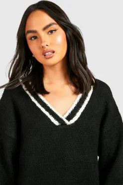 Jumpers*boohoo Deep V Knitted Cricket Jumper black