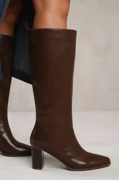 Heeled Boots|All Boots*Where's That From Delta' Block Heel Knee High Boots With Side Zip Brown