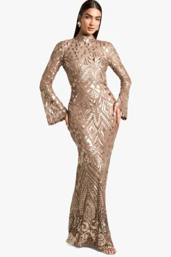 Maxi Dresses|Long Sleeve Dresses*boohoo Demask Open Back Maxi Dress gold