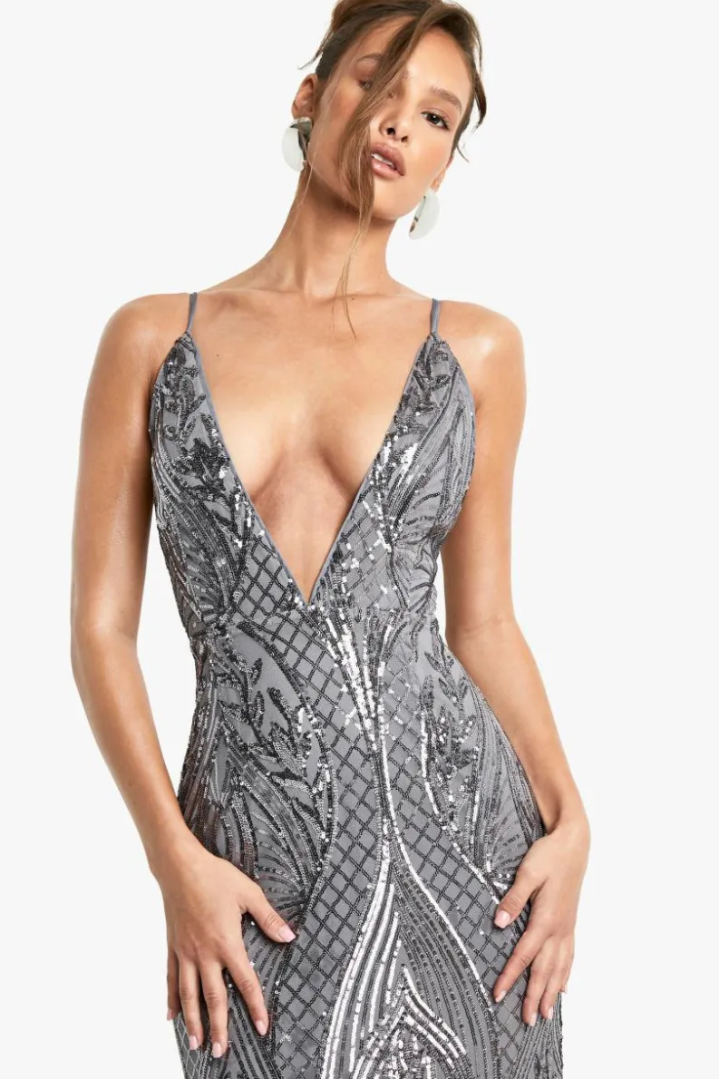 Maxi Dresses*boohoo Demask Plunge Strappy Maxi Dress grey