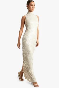 Maxi Dresses*boohoo Demask Sequin High Neck Column Maxi Dress stone