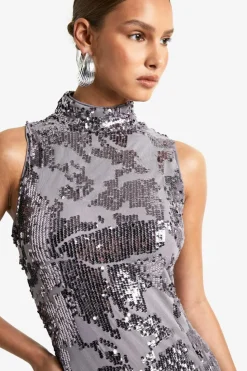 Maxi Dresses*boohoo Demask Sequin High Neck Column Maxi Dress gun metal