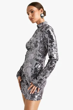Bodycon Dresses|Mini Dresses*boohoo Demask Sequin High Neck Long Sleeve Mini Dress gun metal