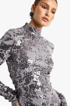Bodycon Dresses|Mini Dresses*boohoo Demask Sequin High Neck Long Sleeve Mini Dress gun metal