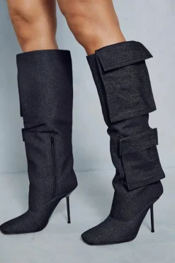 Knee High Boots*MissPap Denim Cargo Knee High Boots black