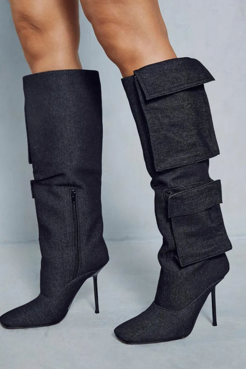 Knee High Boots*MissPap Denim Cargo Knee High Boots black